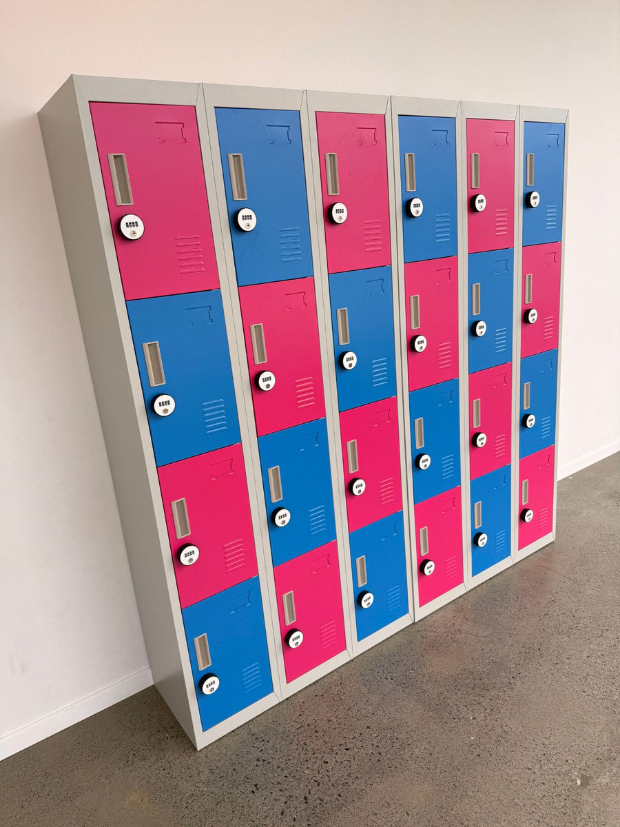 A bank of pink and blue student lockers at Inspire Dance Academy